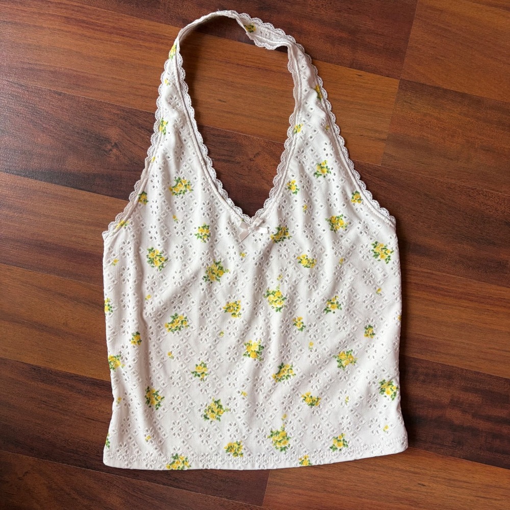 Urban Episode White Yellow Floral Eyelet Lace Halter Top V-Neck Bow Trim Small